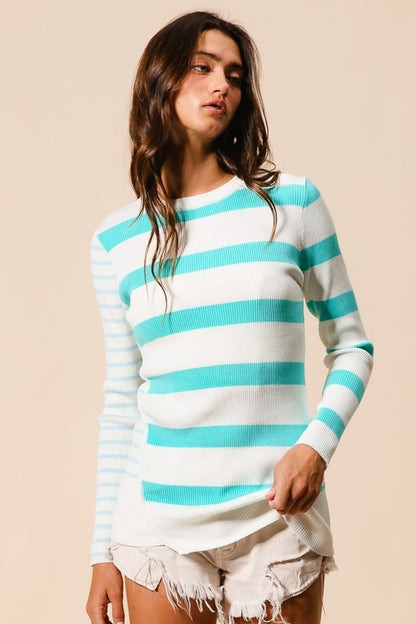 BiBi Contrast Striped Asymmetrical Hem Knit Top