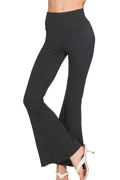 Zenana Raw Edge Hem Flare Yoga Pants in Black