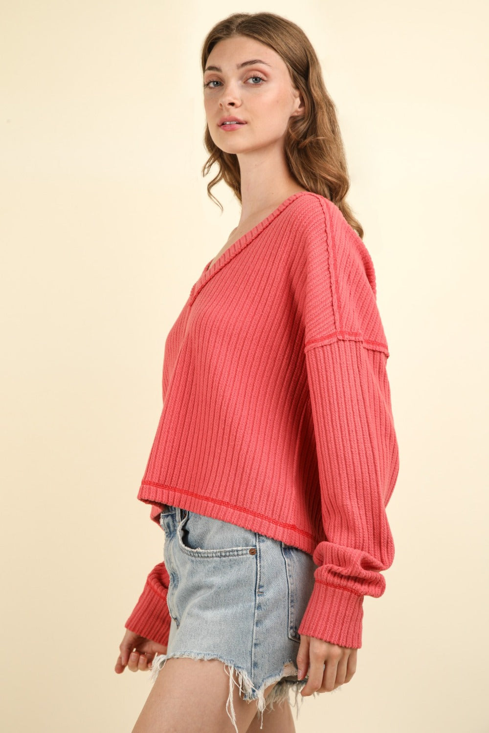 VERY J Exposed Seam Slightly Stretchy V-Neck Ribbed Knit Top