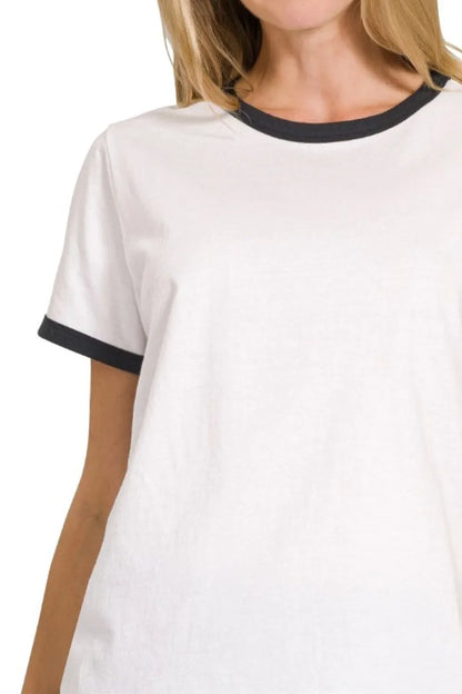 Zenana Contrast Binding Short Sleeve Tee Shirts in Black