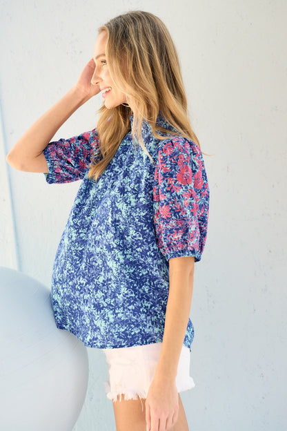 Hailey & Co Embroidered Puff Sleeve Printed Blouse