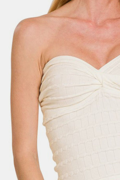 Zenana Ruched Twisted Sweetheart Neck Top in Ivory