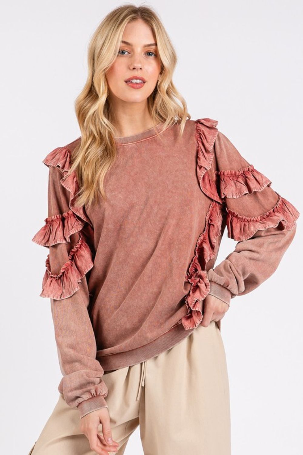 Mittoshop Ruffled Mineral Washed Round Neck Long Sleeve Sweatshirt