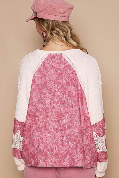 POL Lace Detail Floral Pattern V Neck Top