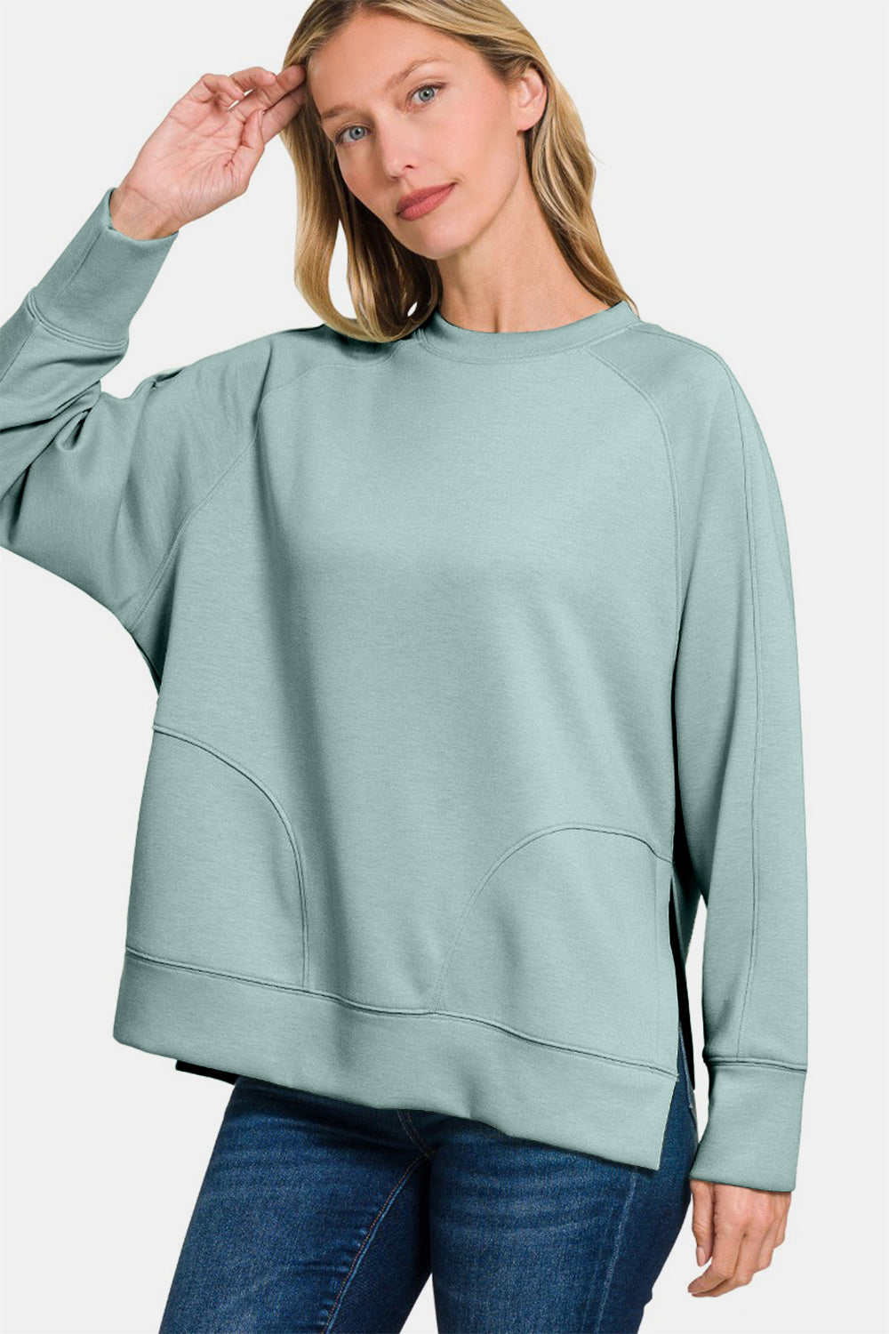 Zenana Scuba Round Neck Side Slit Sweatshirt