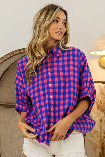 BiBi Plaid Button Up Dolman Sleeve Shirt