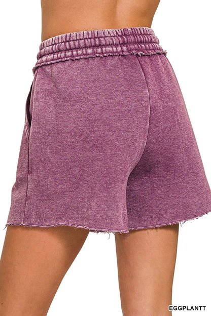 Zenana Acid Wash Fleece Drawstring Shorts With Pockets in Eggplant