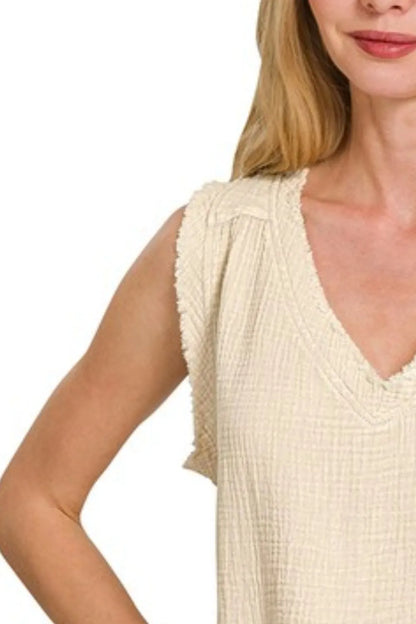 Zenana Double Gauze Raw Edge Acid Washed Tank in Beige