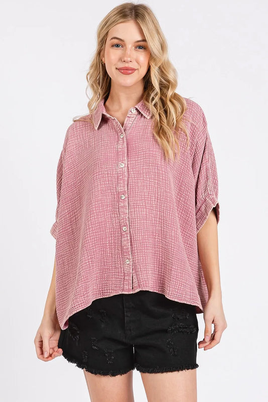 Mittoshop Mineral Wash Gauze Dolman Sleeve Button Down Shirt in Pink