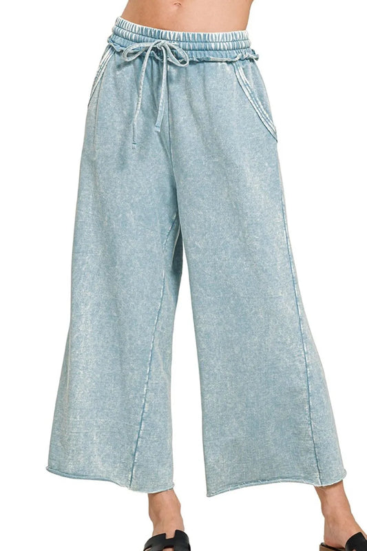 Zenana Washed French Terry Palazzo With Pockets in Blue Grey