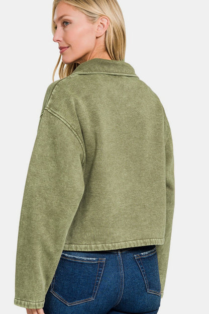 Zenana Acid Wash Fleece Half Snap Sweatshirt with Pocket