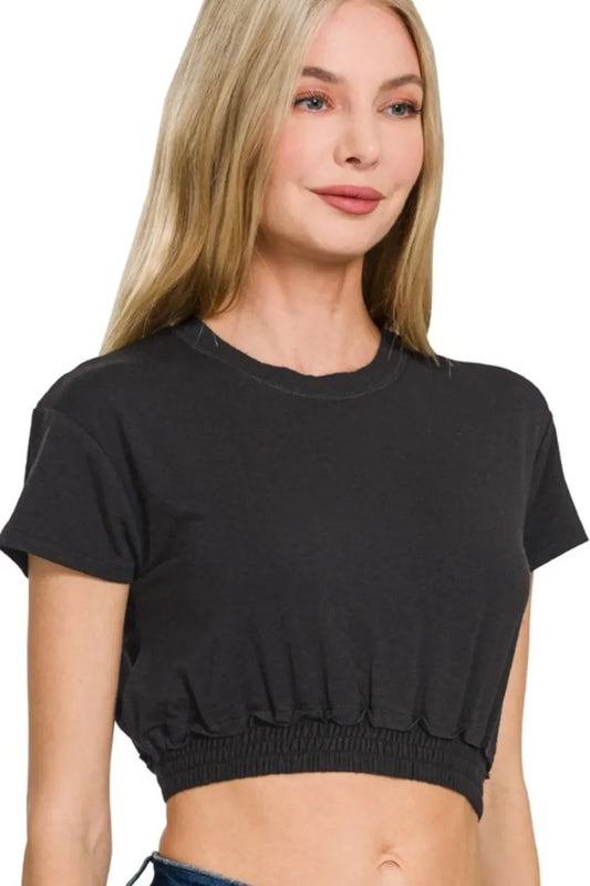Zenana Elastic Hem Crop Top in Black
