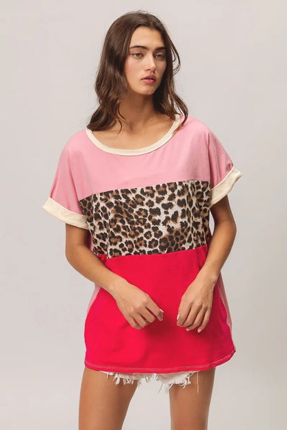 BiBi Leopard Printed Jersey  Color Block Roll Up in Pink