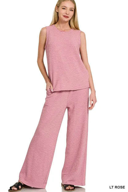 Zenana Cotton Slub Tank and Pants Set in Rose