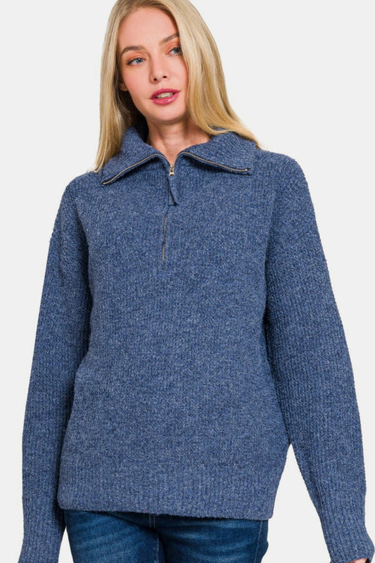 Zenana Half Zip Long Sleeve Sweater