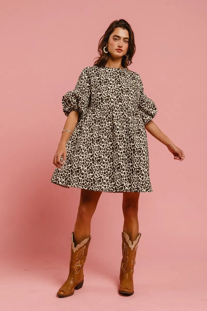 BiBi Leopard Denim Dress With Back Contrast Tie Detail