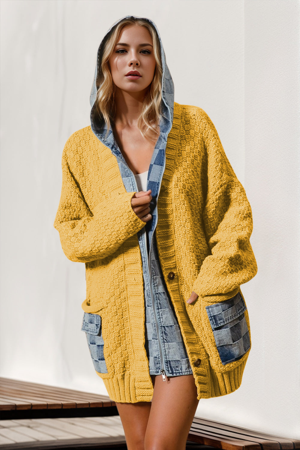 Double Take Full Size Hooded Denim Spliced Sweater Cardigan