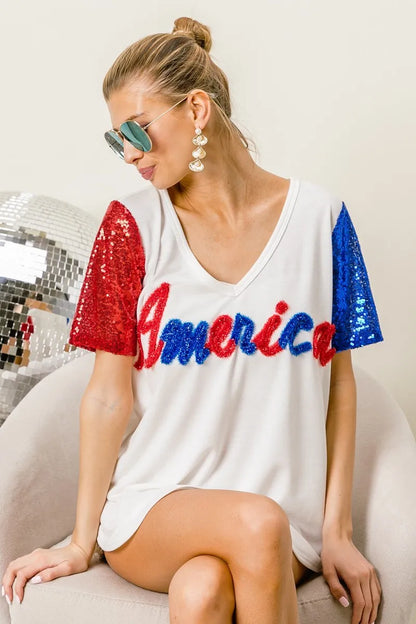 BiBi Metallic Letter V-neck Sequin Sleeves Top in Cream