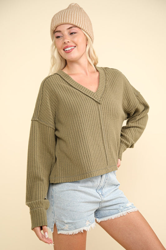 VERY J Exposed Seam Slightly stretchy V-Neck Ribbed Knit Top