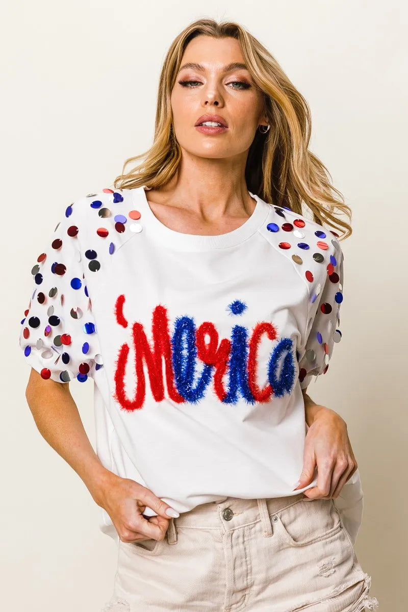 BiBi Metallic Letter Spangle Raglan Puff Sleeve Top