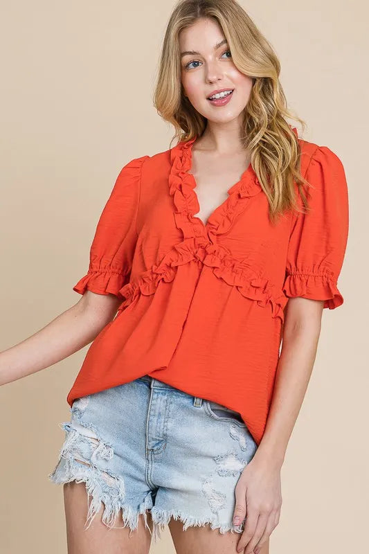 Lime 'N' Chili Solid Ruffled Deep V-Neck Puff Sleeve Babydoll Top in Orange
