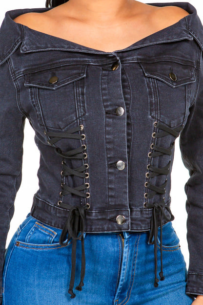 American Bazi Off Shoulder Lace Up Denim Jacket