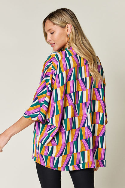 Double Take Full Size Geometric Notched Dolman Sleeve Top