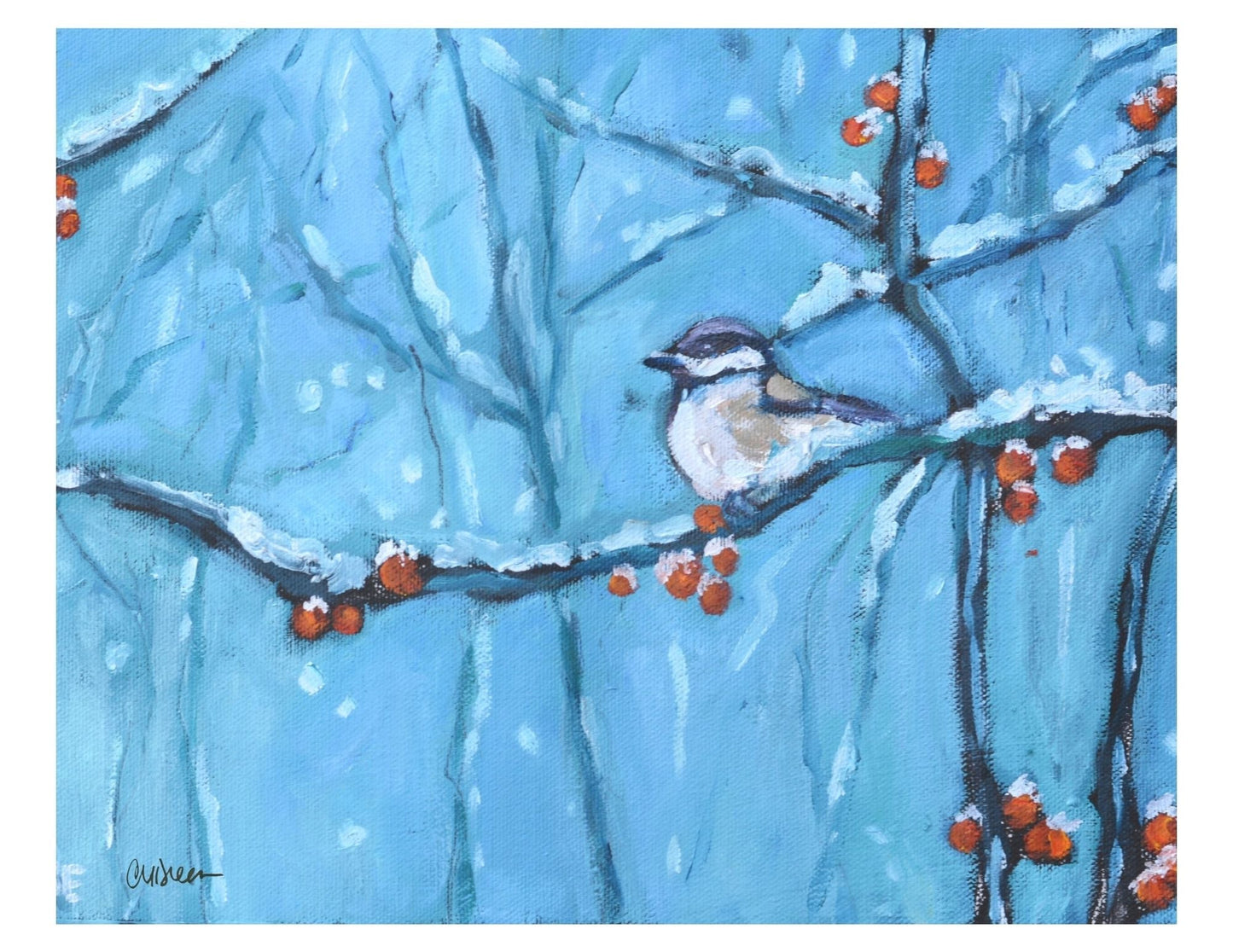 "Snowberry Song - Winter Chickadee"  Print - Wall Art Home Decor