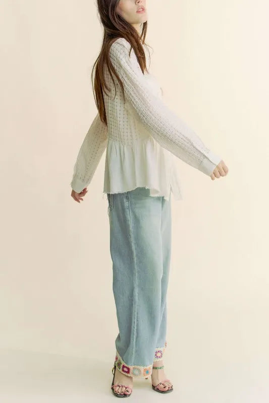 Davi & Dani Garment Washed Jacquard Button Front Shirt in White