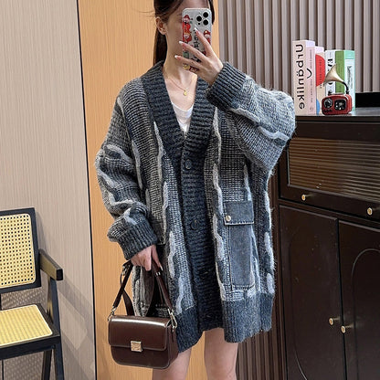 Denim Pocket Stitching Sweater Cardigan For Women