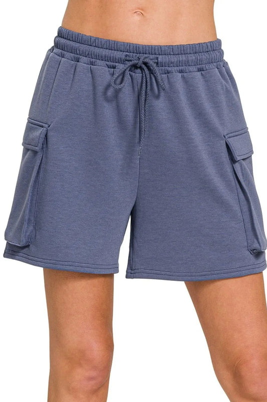 Zenana Scuba Thigh Pocket Shorts in Blue