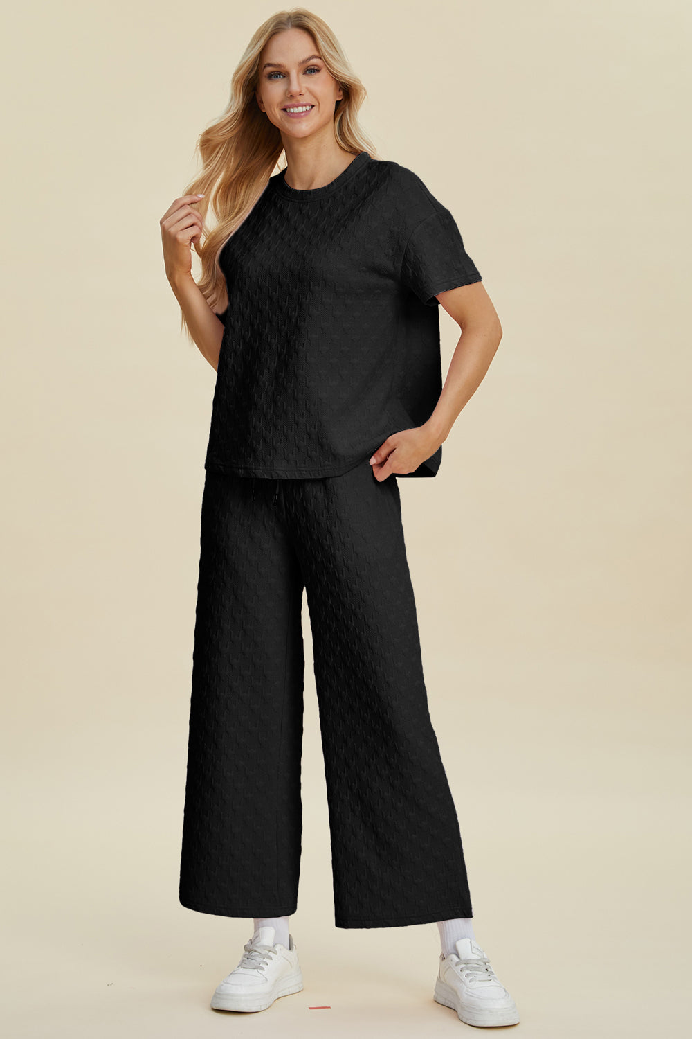 Double Take Full Size Texture Round Neck Short Sleeve Top and Pants Set