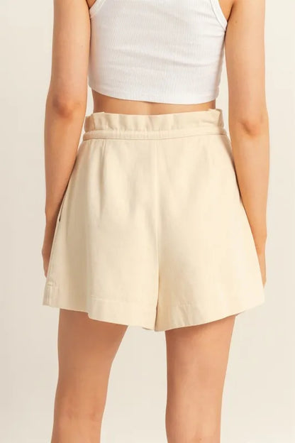 HYFVE High-Waisted Washed Twill Paperbag Shorts in Oatmeal