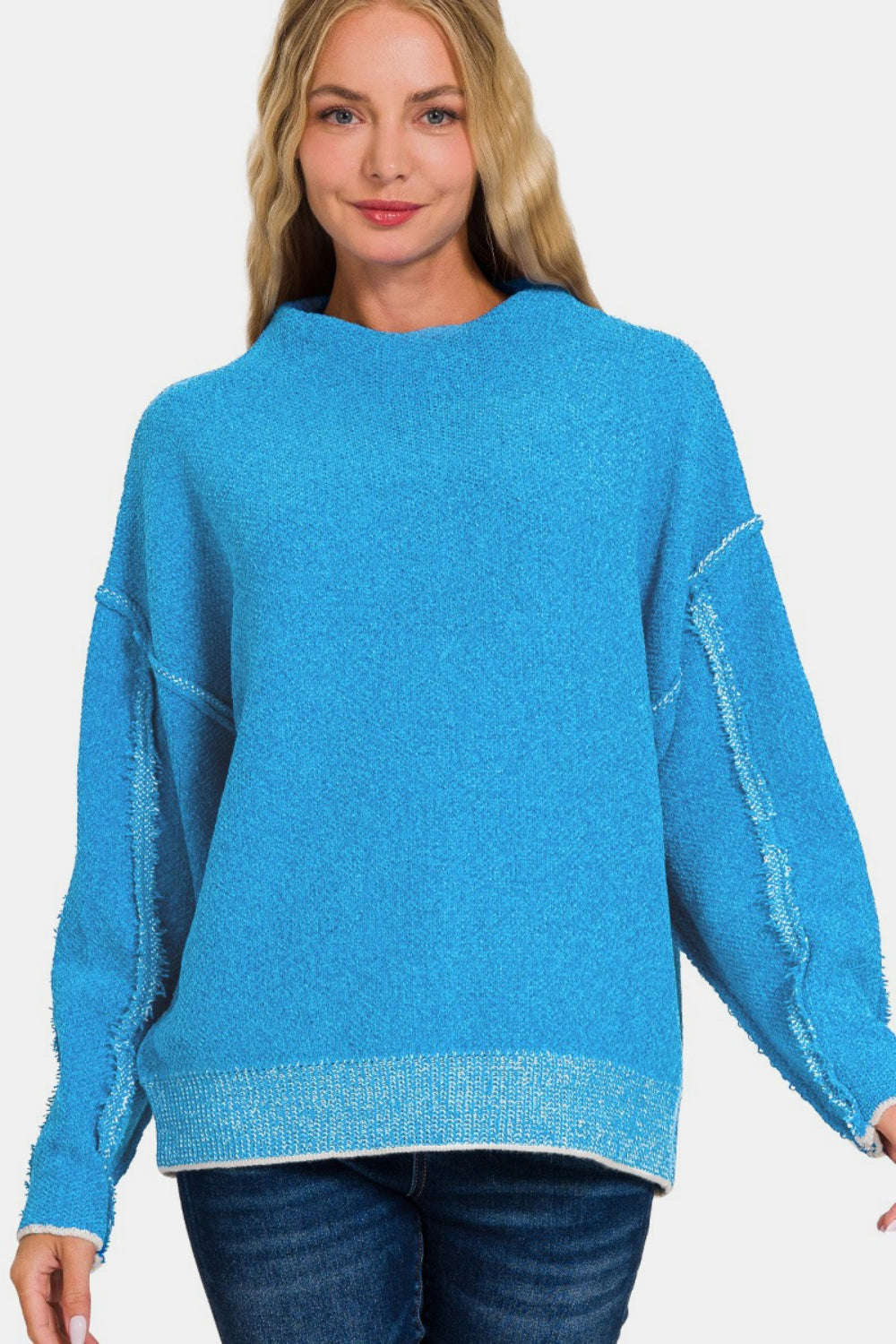 Zenana Exposed Seam Mock Neck Long Sleeve Sweater