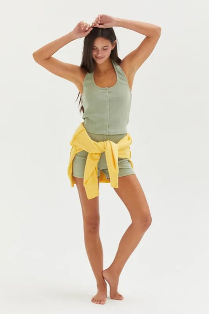 HYFVE Halter Neck Buttoned Washed Top in Sage