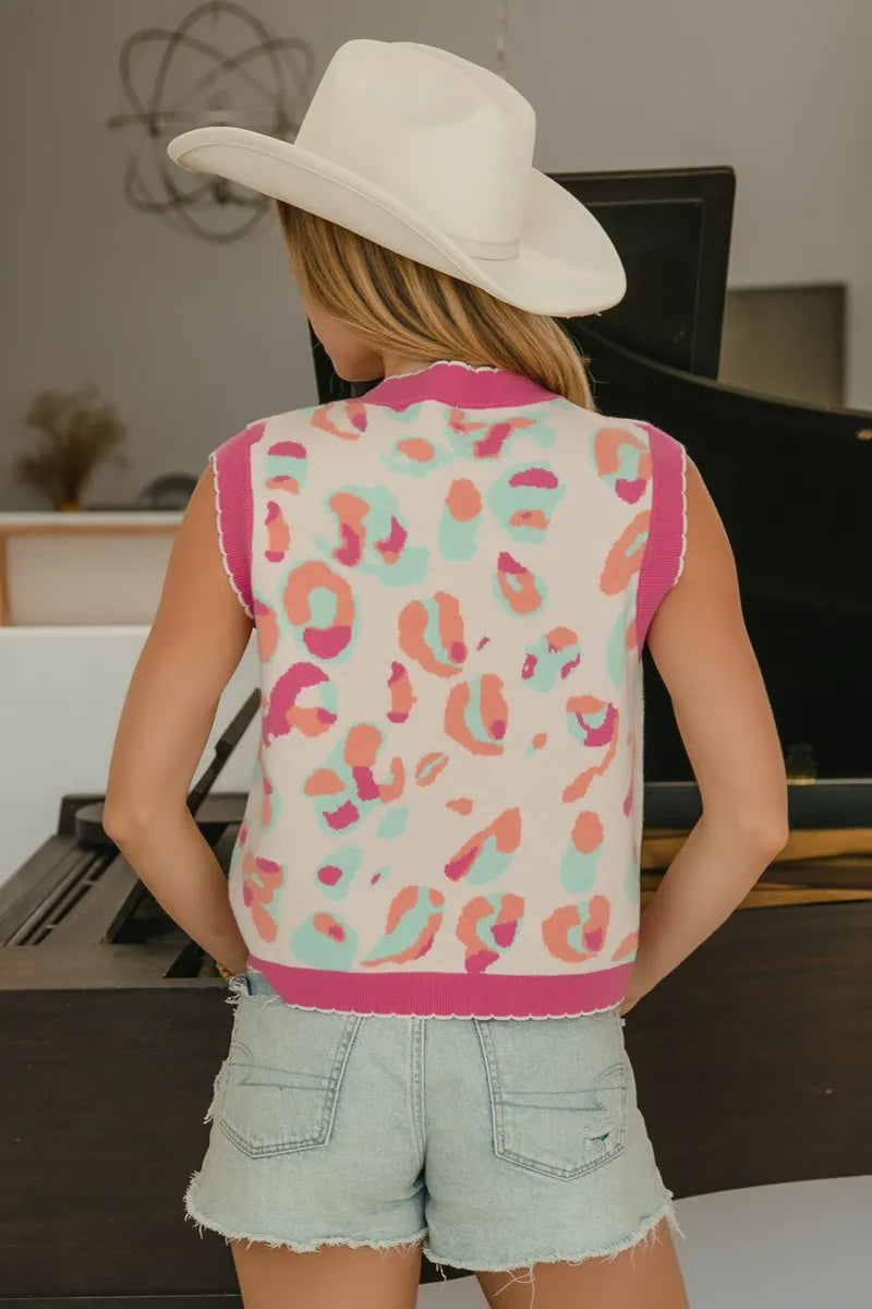 BiBi Leopard Sweater Vest With Front Tie and Scallop Detail