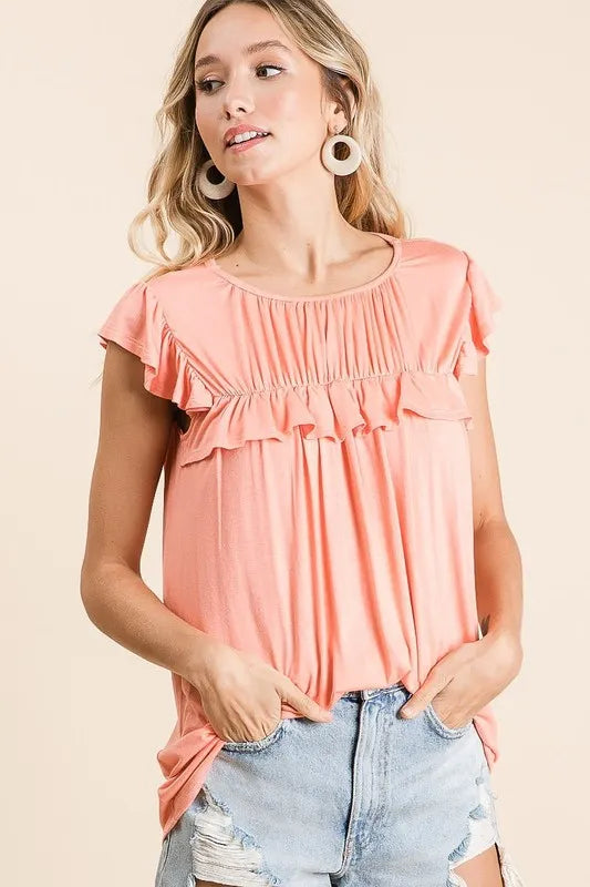 BiBi Jersey Knit Gathered Top with Ruffles in Coral