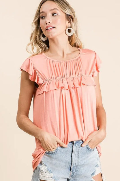 BiBi Jersey Knit Gathered Top with Ruffles in Coral
