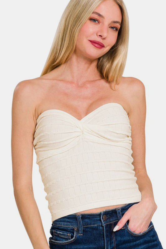 Zenana Ruched Twisted Sweetheart Neck Top in Ivory