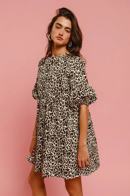 BiBi Leopard Denim Dress With Back Contrast Tie Detail