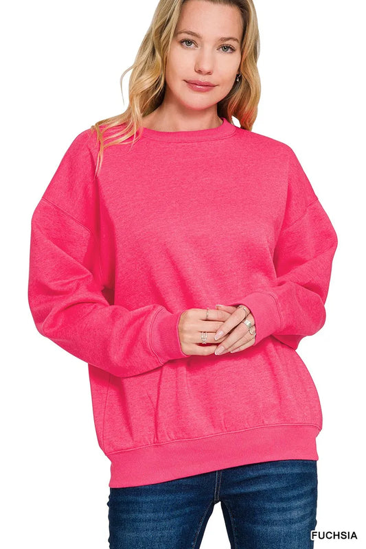 Zenana Fleece Crewneck Long Sleeve Sweatshirt in Fuchsia