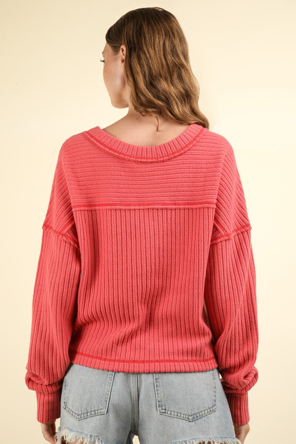 VERY J Exposed Seam Slightly Stretchy V-Neck Ribbed Knit Top