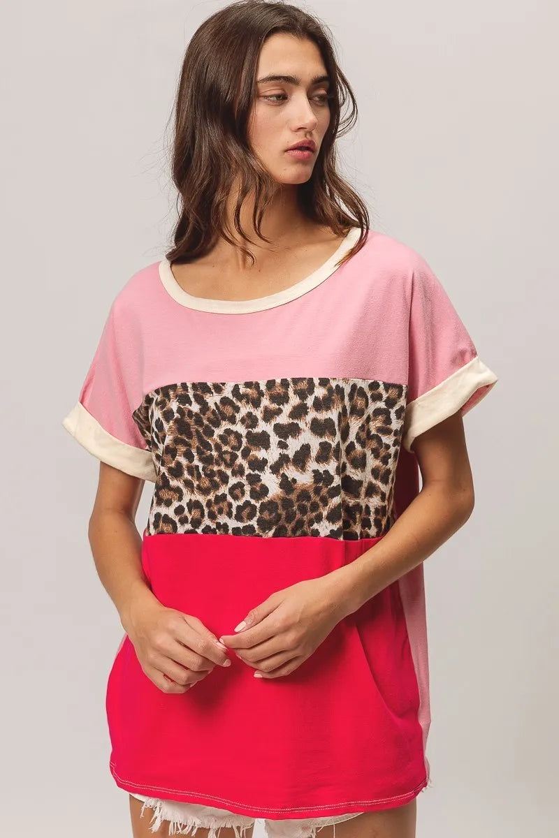 BiBi Leopard Printed Jersey  Color Block Roll Up in Pink