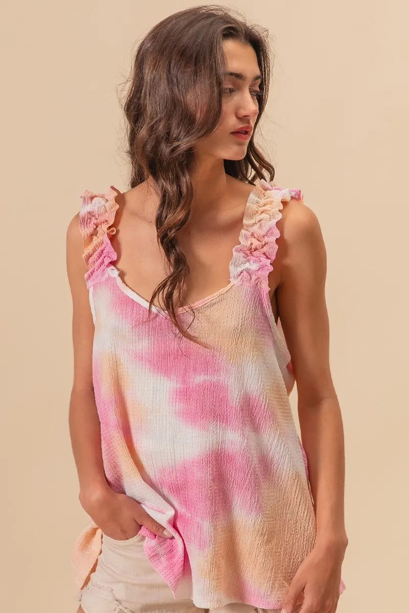 BiBi Tie Dye Printed Textured Woven Top with Ruffled Sleeve