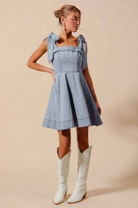 SO ME A Line Fit and Flare Diamond Bow Ribbon Denim Dress
