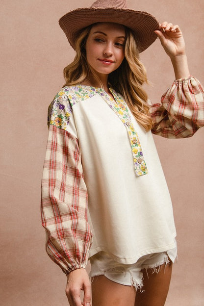 BiBi Floral Notched Plaid Balloon Sleeve Top