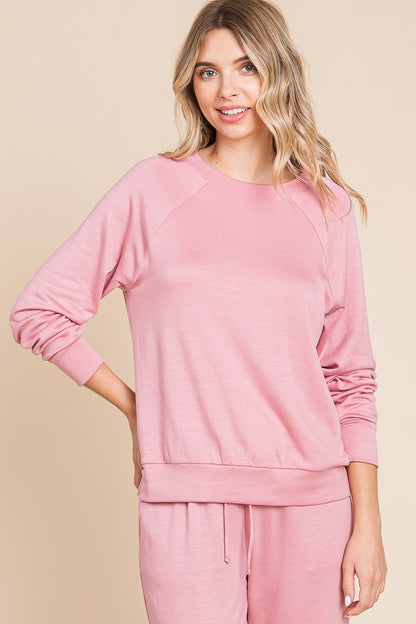 Round Neck Raglan Sleeve Top and Drawstring Pants Lounge Set Pink