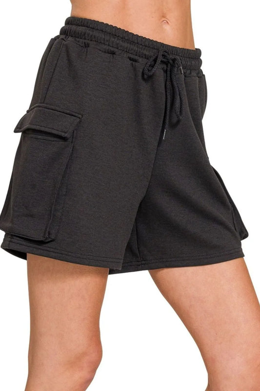 Zenana Scuba Thigh Pocket Shorts in Black