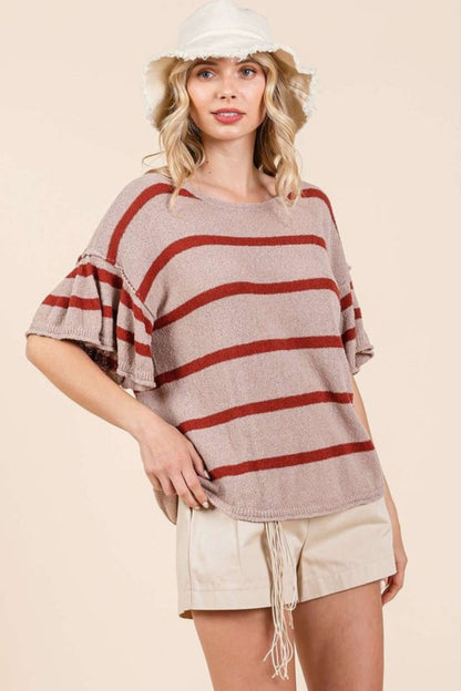 Mittoshop Striped Flounce Sleeve Knit Top