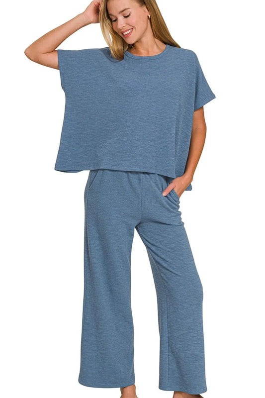 Zenana Cotton Slub Top & Pants Set in Dusty Blue